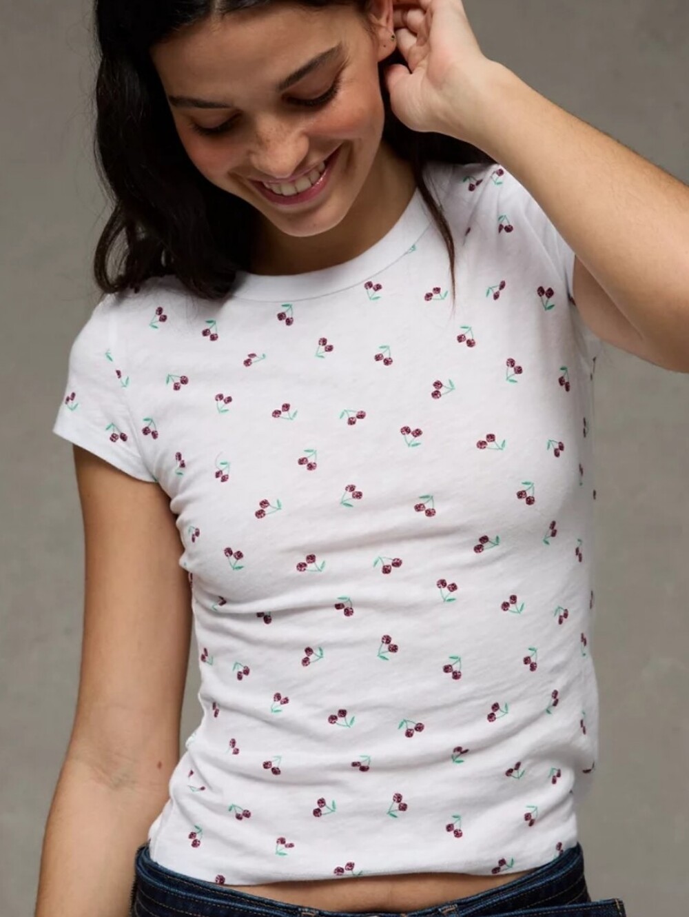 Women's AE Cherries 🍒 Baby Doll Tee White 100% Cotton Slub NWT's! Small